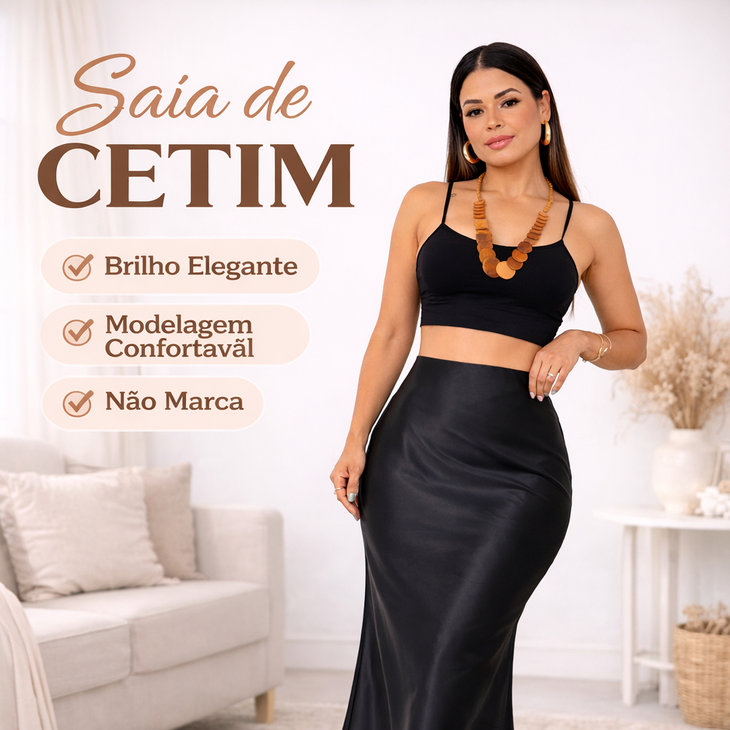 Saia Midi de Cetim Feminina Lisa Cintura Alta Eleg