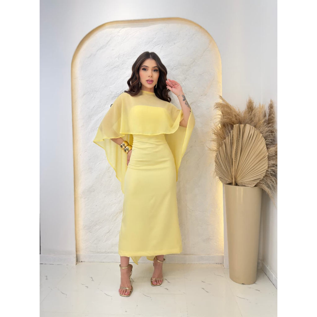 vestido midi tomara que caia capa assimetrica, cas