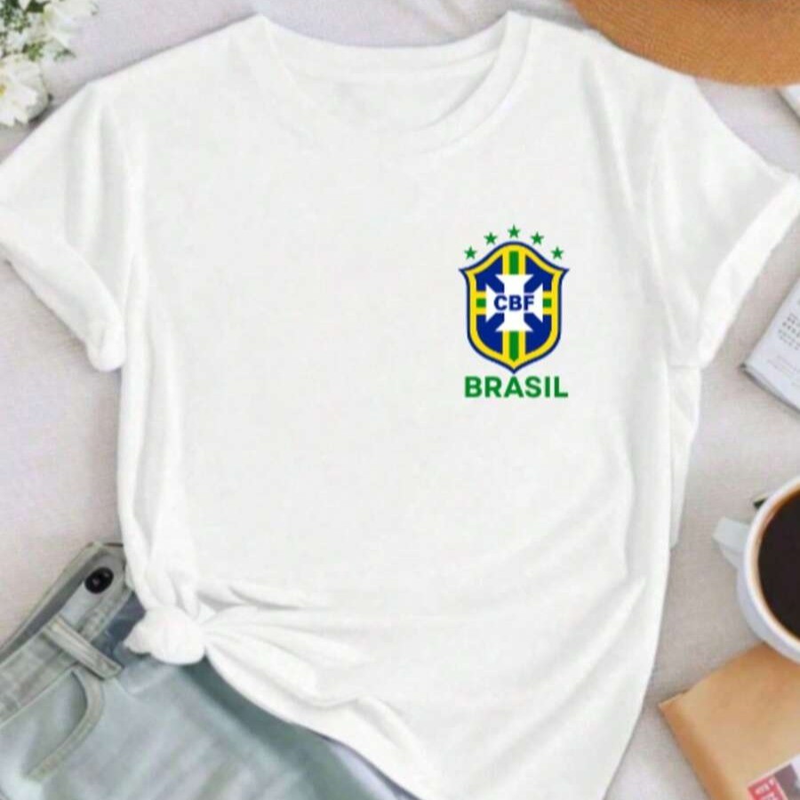 Camiseta Feminina Brasil Brasão Copa T Shirt Algo