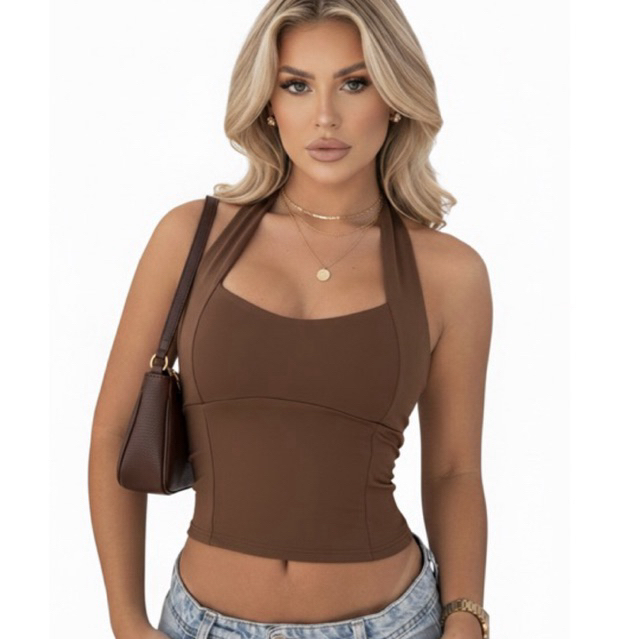 Blusa Feminina Top Halter Cropped Ajustado Decote 