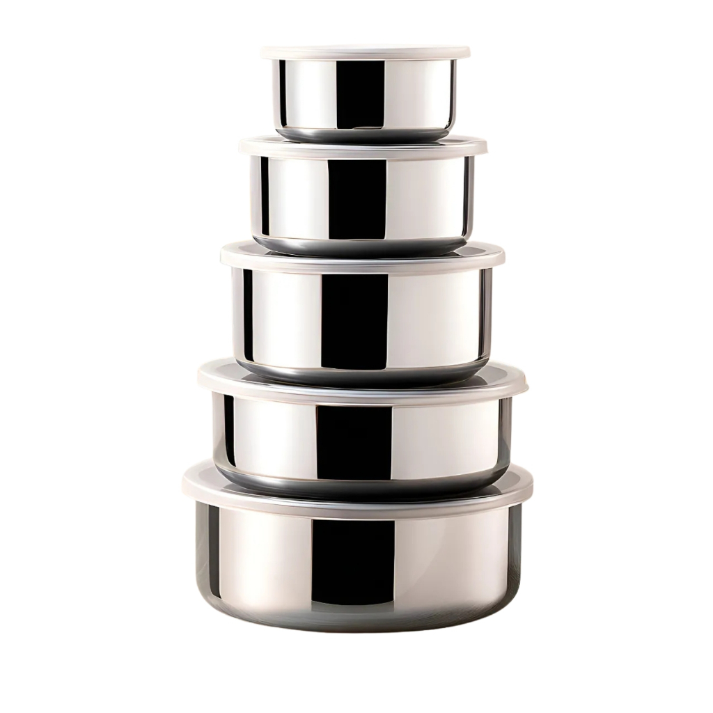 Kit 5 Tigelas Inox Com Tampa Potes Redondos 285ml 