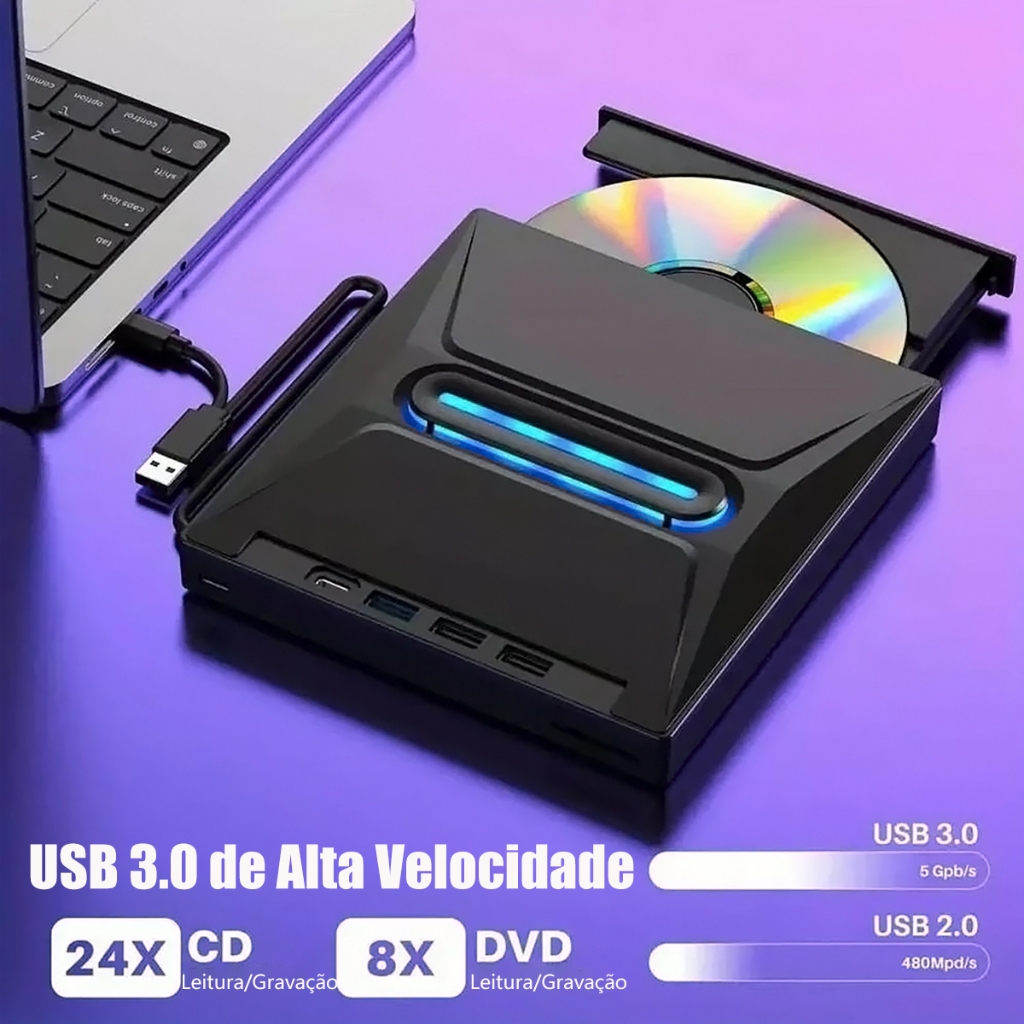 7 Em 1 Gravador Leitor CD DVD Externo Usb3.0 PC No