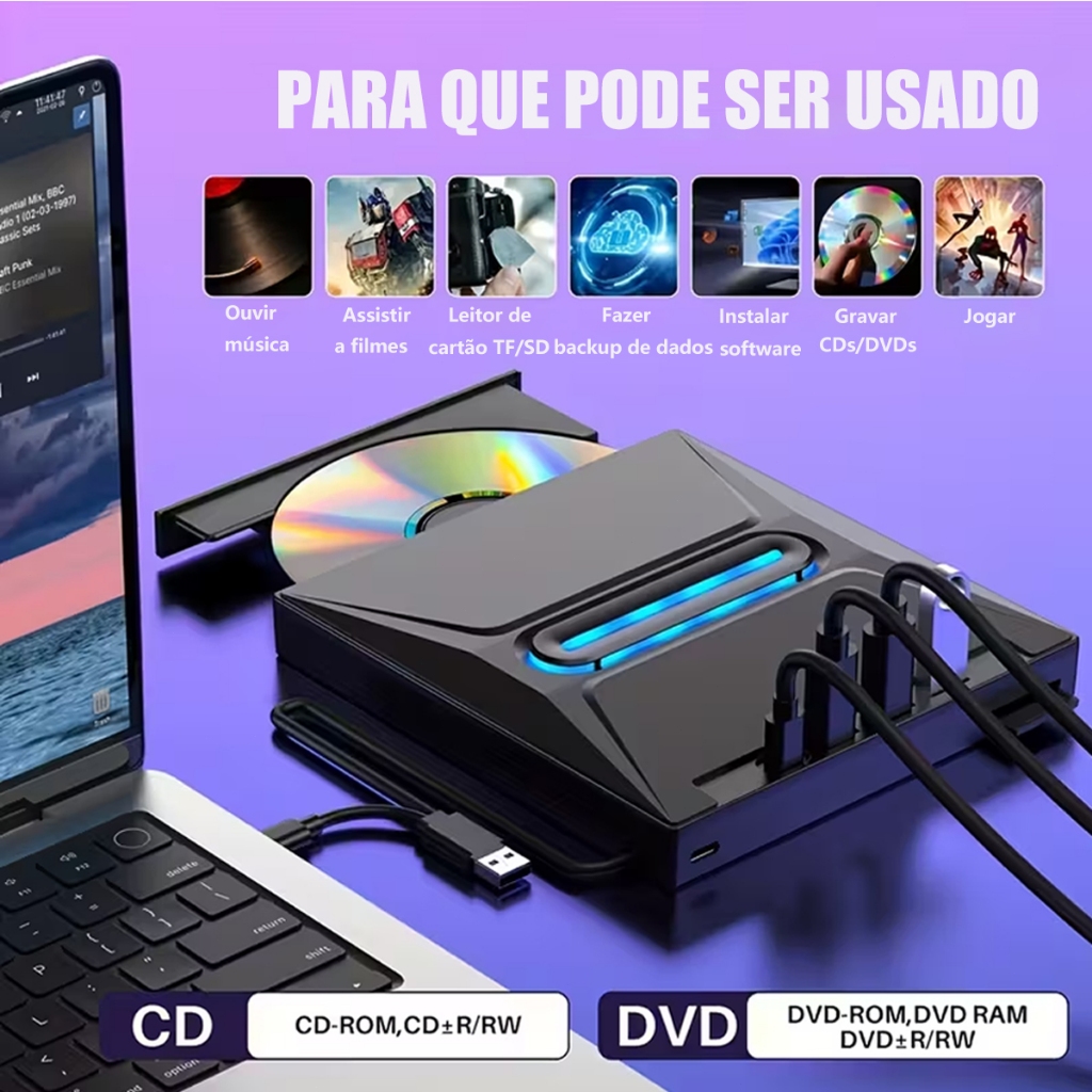 7 Em 1 Gravador Leitor CD DVD Externo USB 3.0 PC N