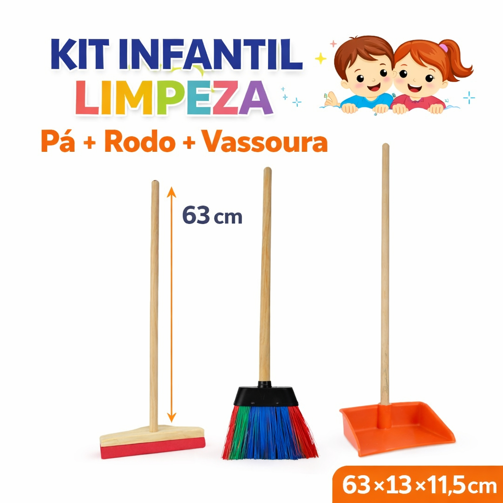 Kit Infantil de Limpeza 3 Itens com Mini Vassoura,