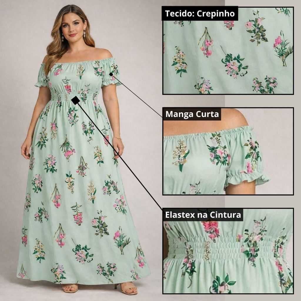 Vestido Longo com Mangas e Cintura com Elástico, 