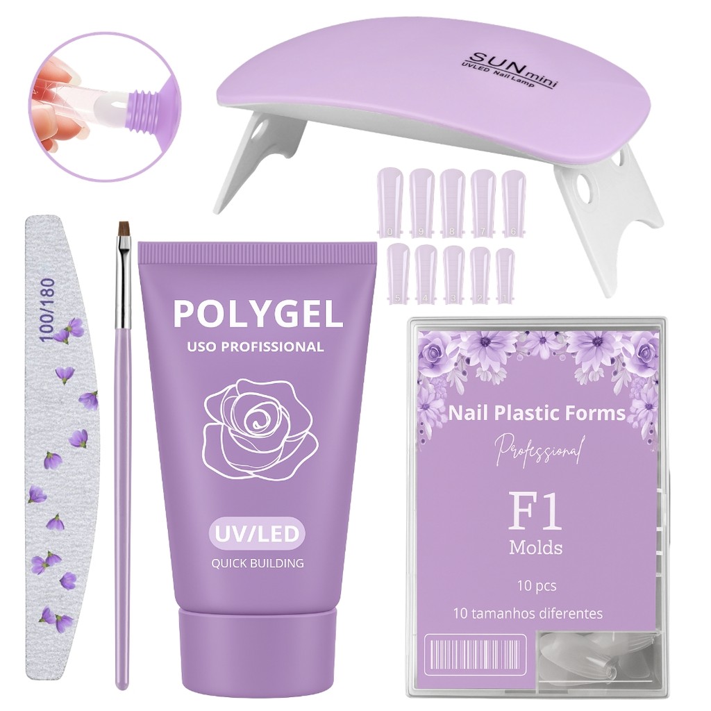 KIT UNHA POLYGEL CABINE SUN + POLYGEL + MOLDE F1 +