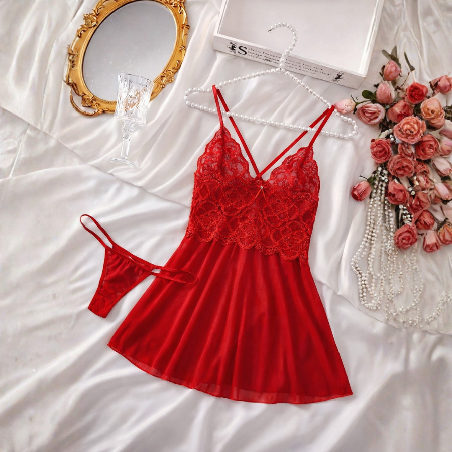 Camisola+Calcinha Tule Lingerie Feminina Renda Ves