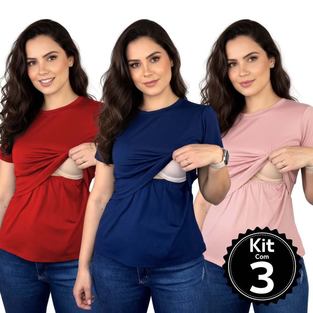 Kit 3 Blusa Amamentação Feminina Pós Parto Mang