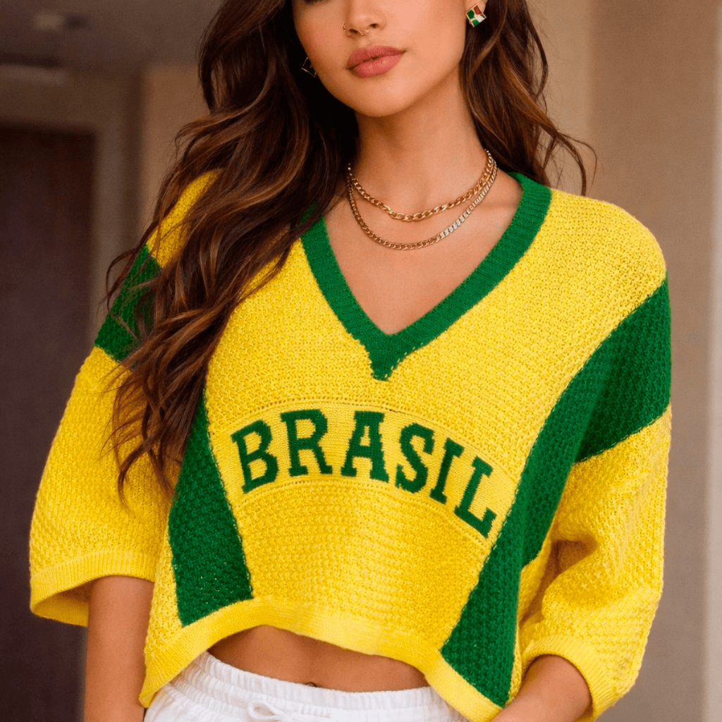 Blusa Feminina Cropped Manga 3 Quartos Brasil Copa