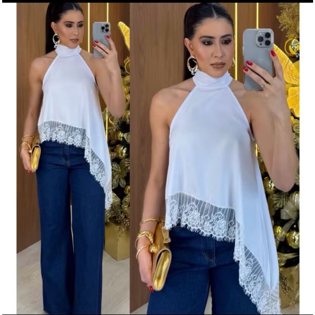 Blusa Feminino Asismetrica  Gola Alta Com  Detalhe