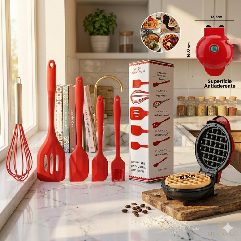 Kit Mini Máquina De Fazer Waffle + Jogo De Utens�