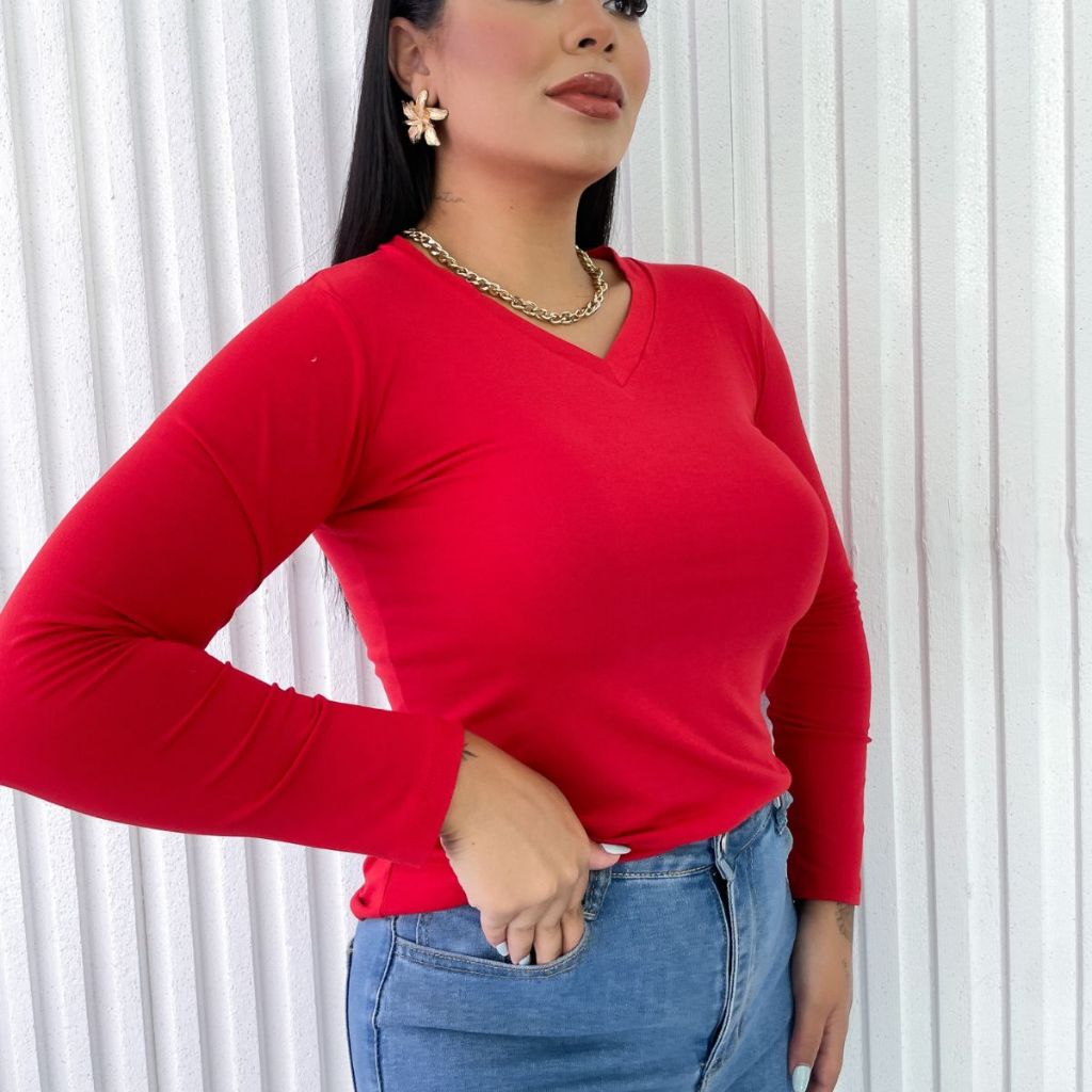 Blusa Feminina Gola V Manga Longa Segunda Pele