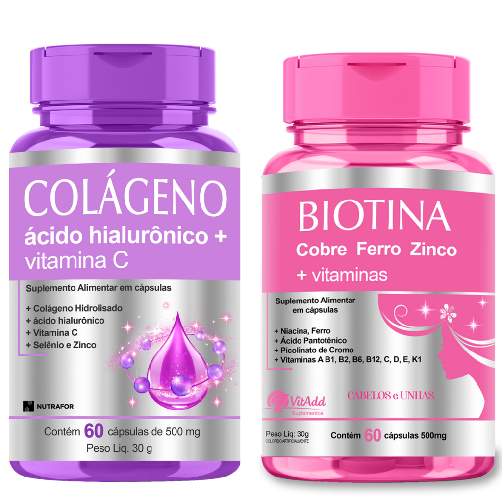 Kit Pele Cabelos e Unhas: Colágeno + Ácido Hialu