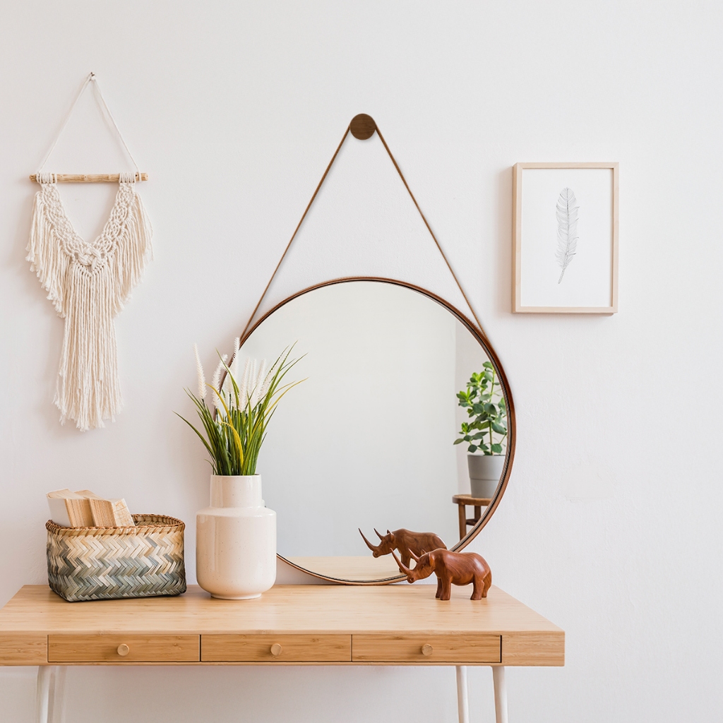 Espelho Redondo Adnet Parede com Alça em Couro De