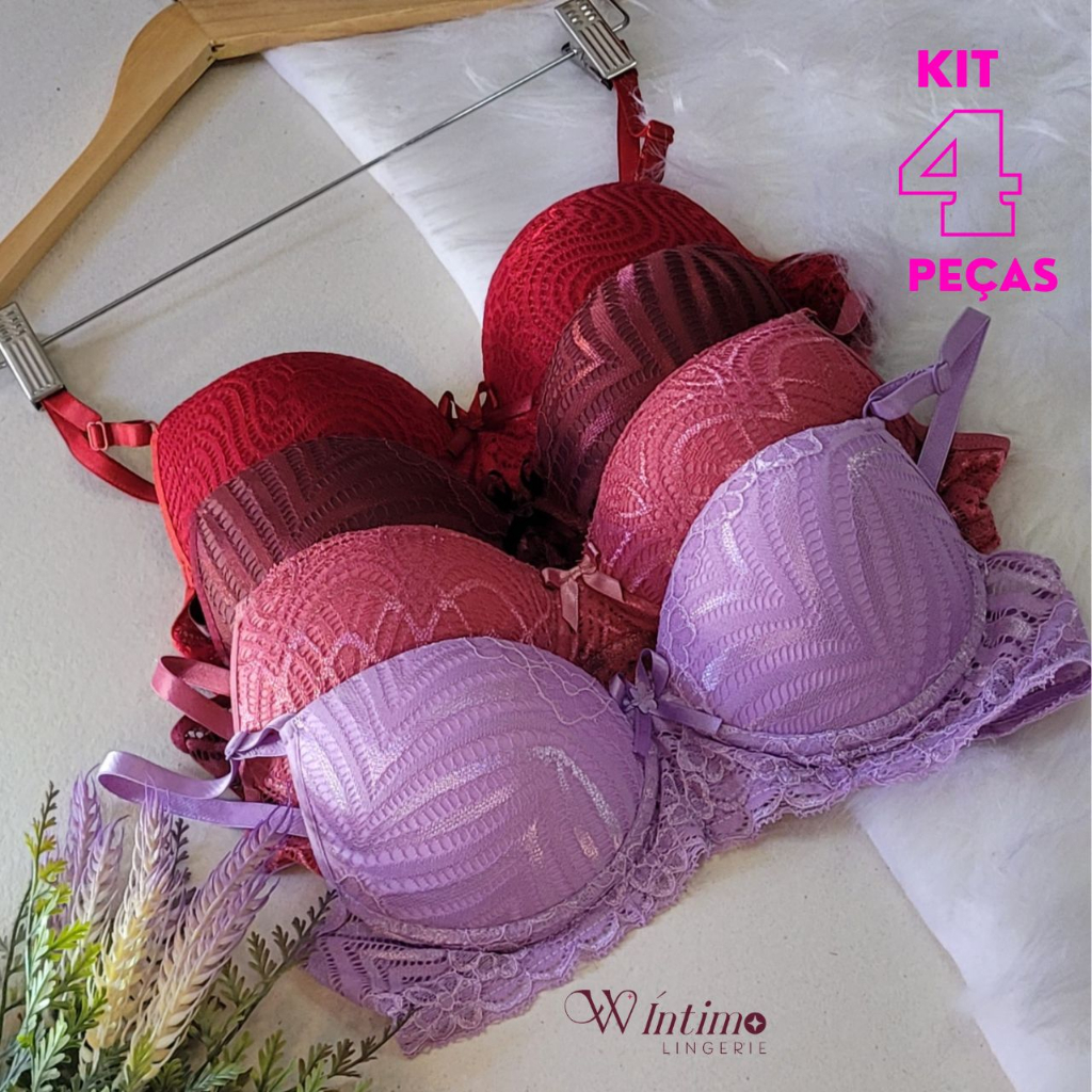 Kit 4 Sutiãs Lingerie Feminina com Bojo Renda Lux