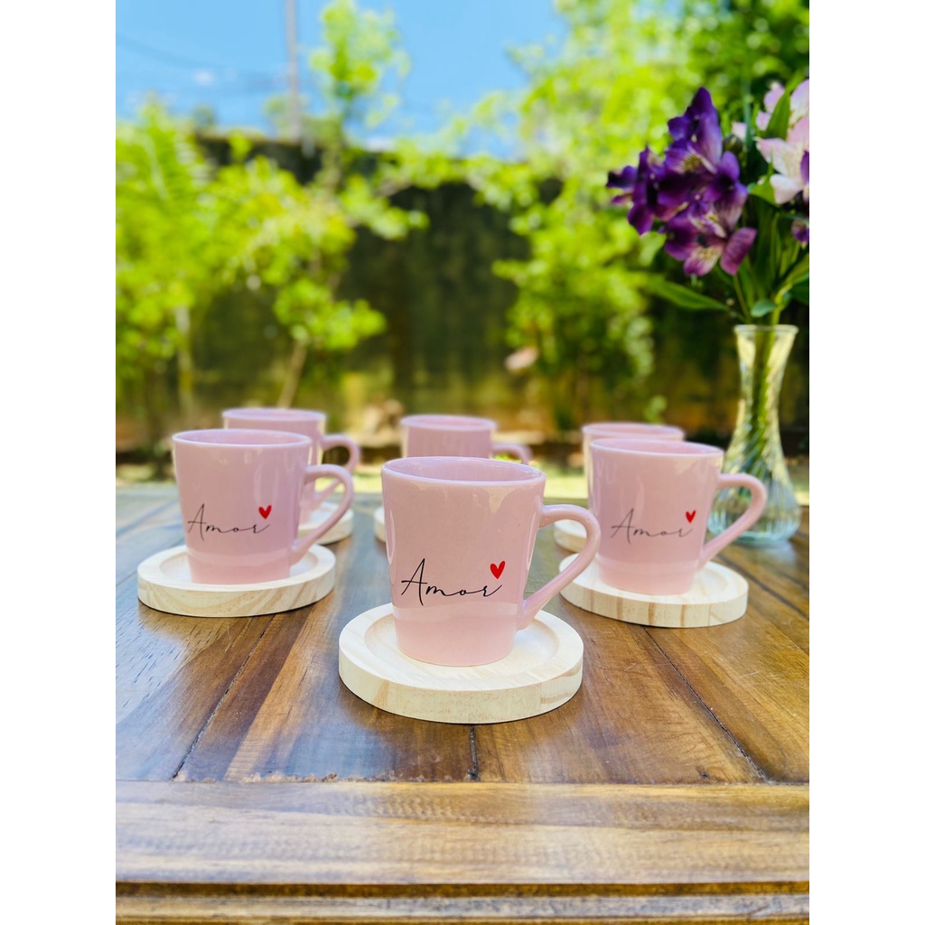 Kit 6 Xicaras / Canecas Porcelana Rosa C/ Pires De