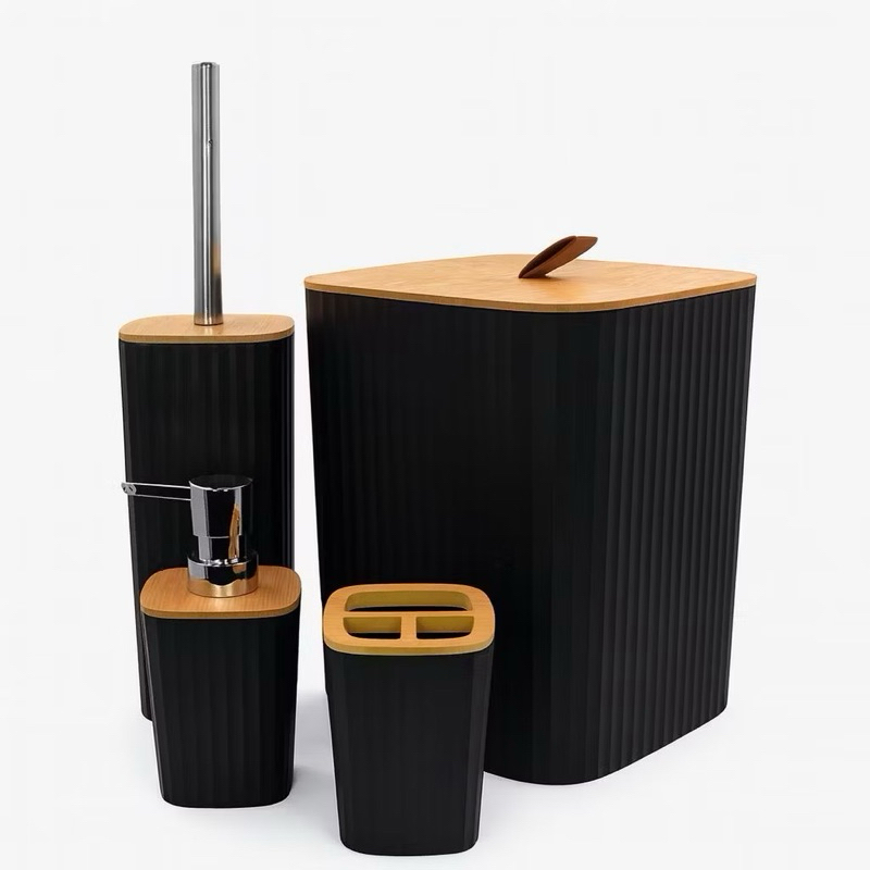 Kit Banheiro 4 Peças Tampa Bambu Lixeira Porta Es