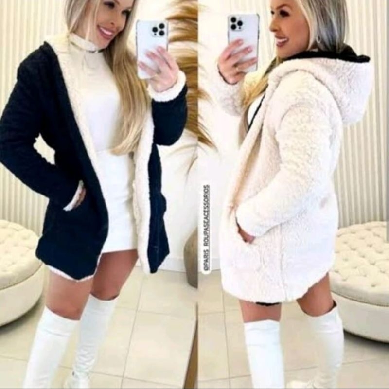 CASACO FEMININO REVERSÍVEL TEDDY DUPLA FACE  COM 
