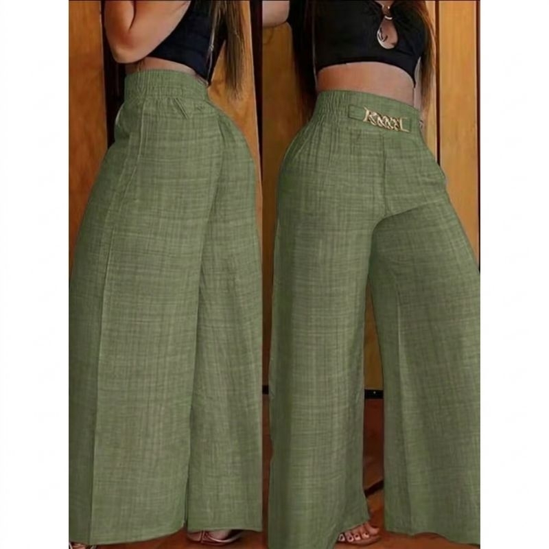 Calça Pantalona De Linho Com Cinto Fake e Cintura