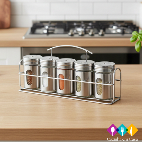Porta Condimentos Temperos Inox 5 Pçs Com Suporte
