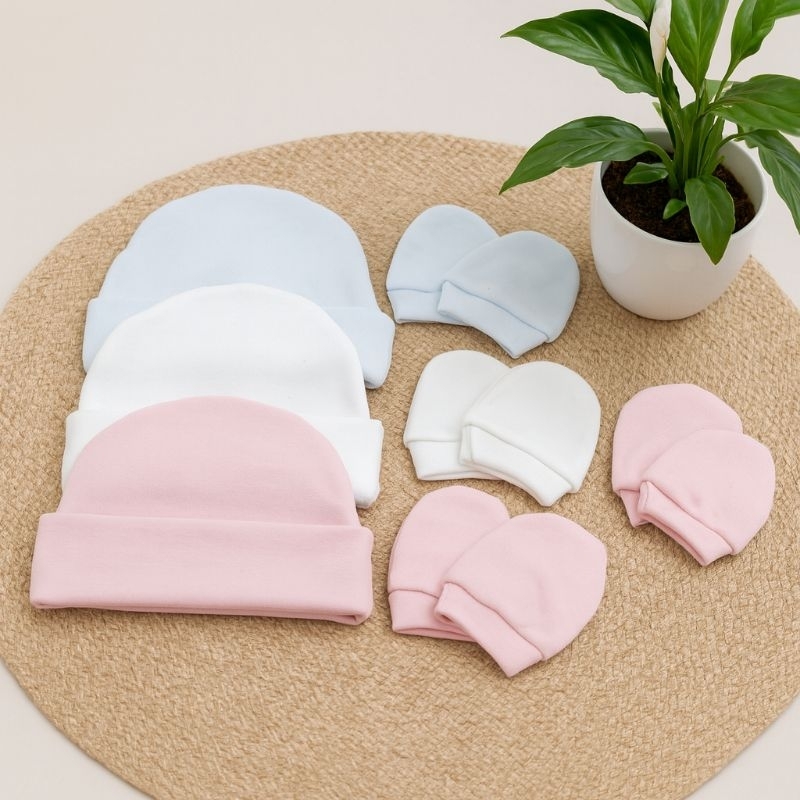 Kit 3 Touca e 3 Luva para bebê 100% algodão anti