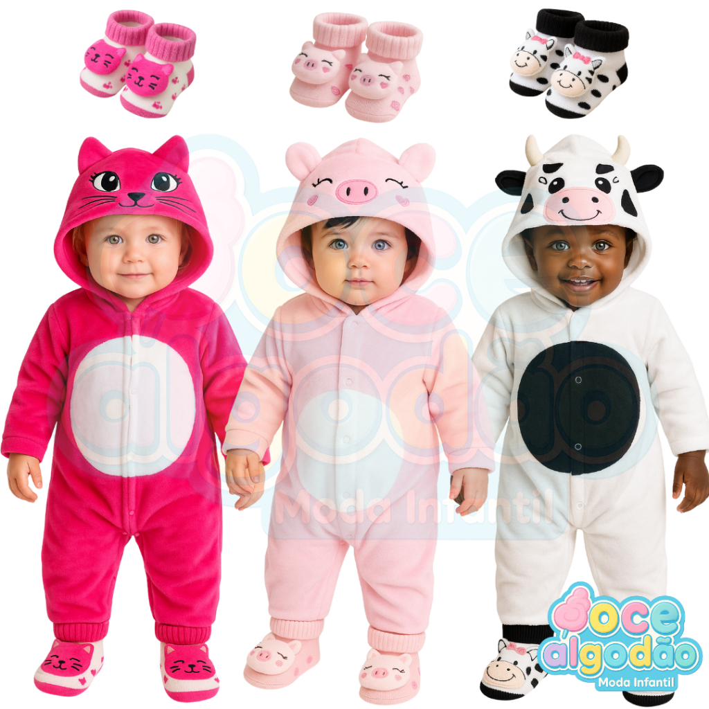 Macacão Inverno Bebê Menina Plush + Pantufa Quen