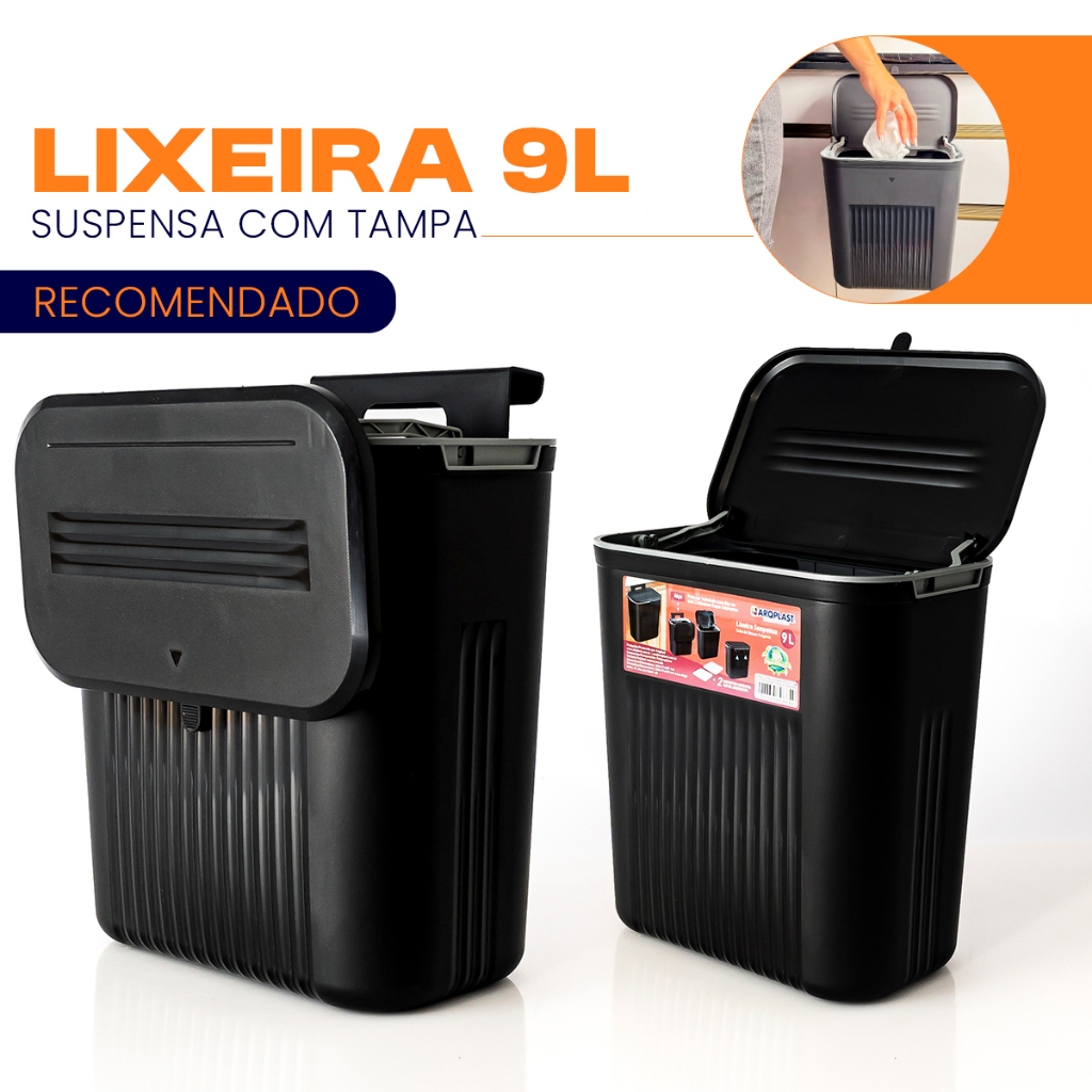 Lixeira 9 Litros Suspensa Preta Cesto de Lixo Para