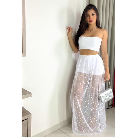 conjunto cropped + short com saia longa de poá co