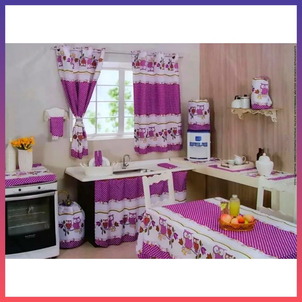 Kit 01 Jogo de Cozinha Tergal 8 Peças Cortina Pia