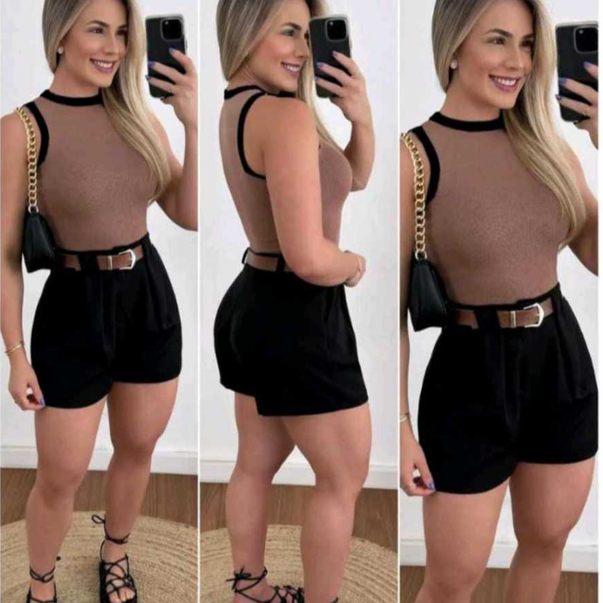 Conjunto feminino em alta short + cropped + cinto 