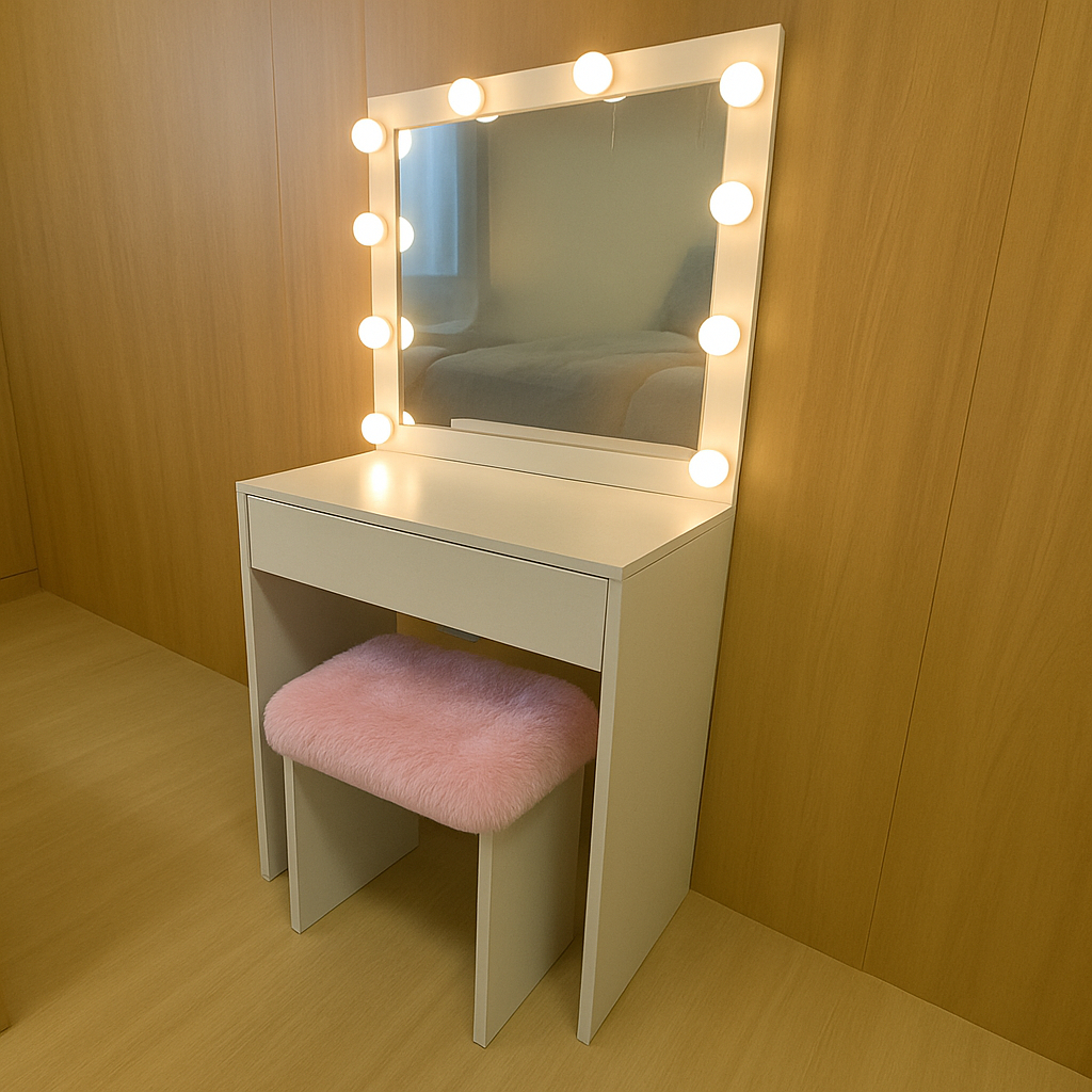 Penteadeira Camarim Banco Rosa Clarinho Led e Espe