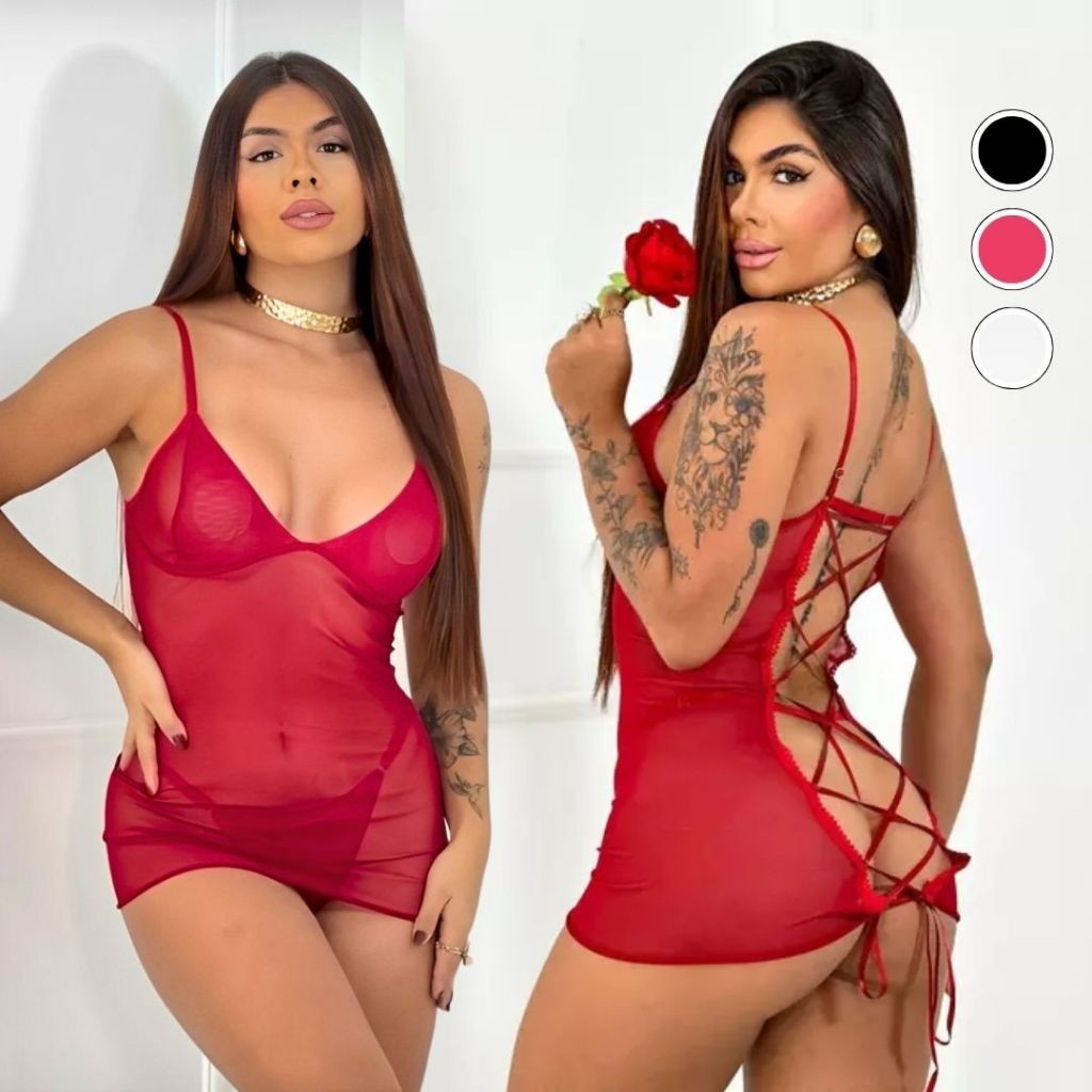 Camisola Sexy Lingerie Sensual Transado Calcinha F