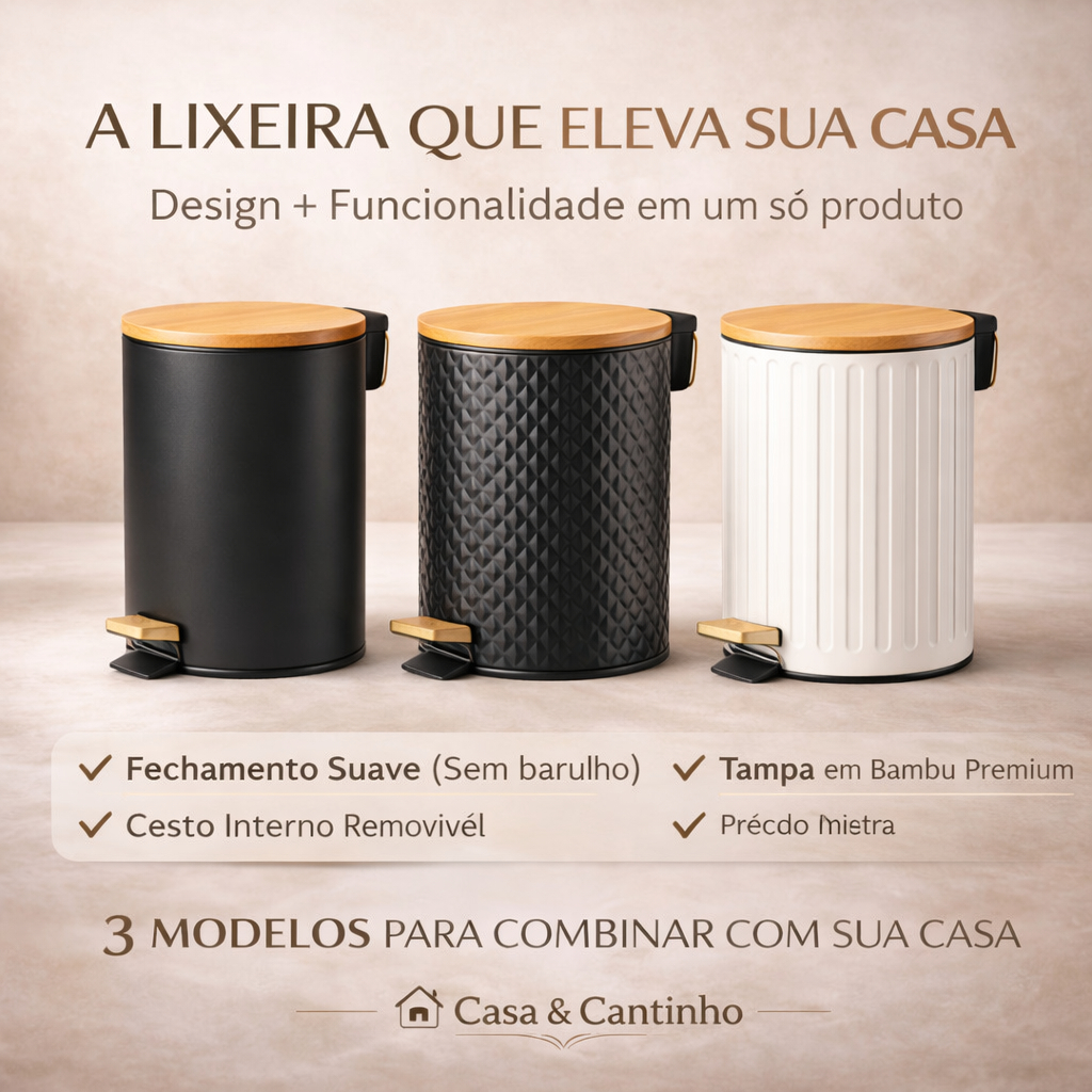 Lixeira Com Tampa e Pedal de Bambu para Casa Banhe