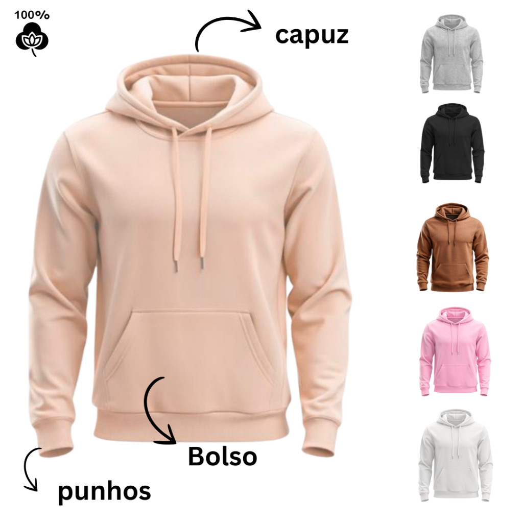Casaco Unissex Liso Moletom Flanelado Canguru Com 