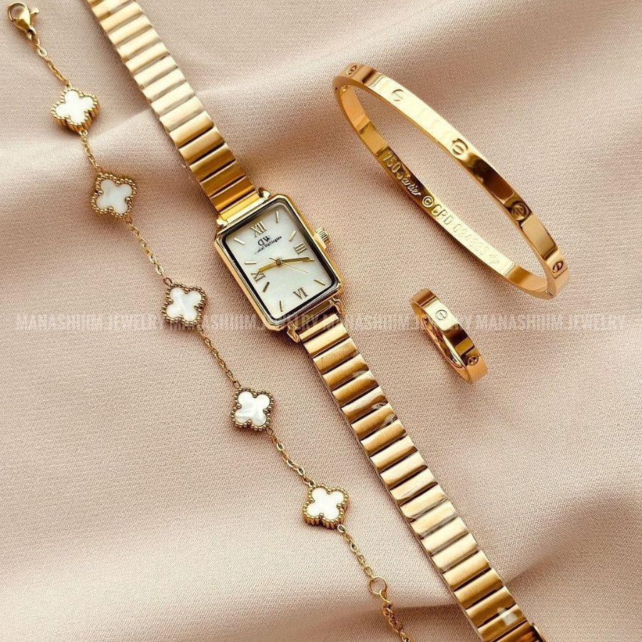 Kit Conjunto Relógio Feminino Dourado com Bracele