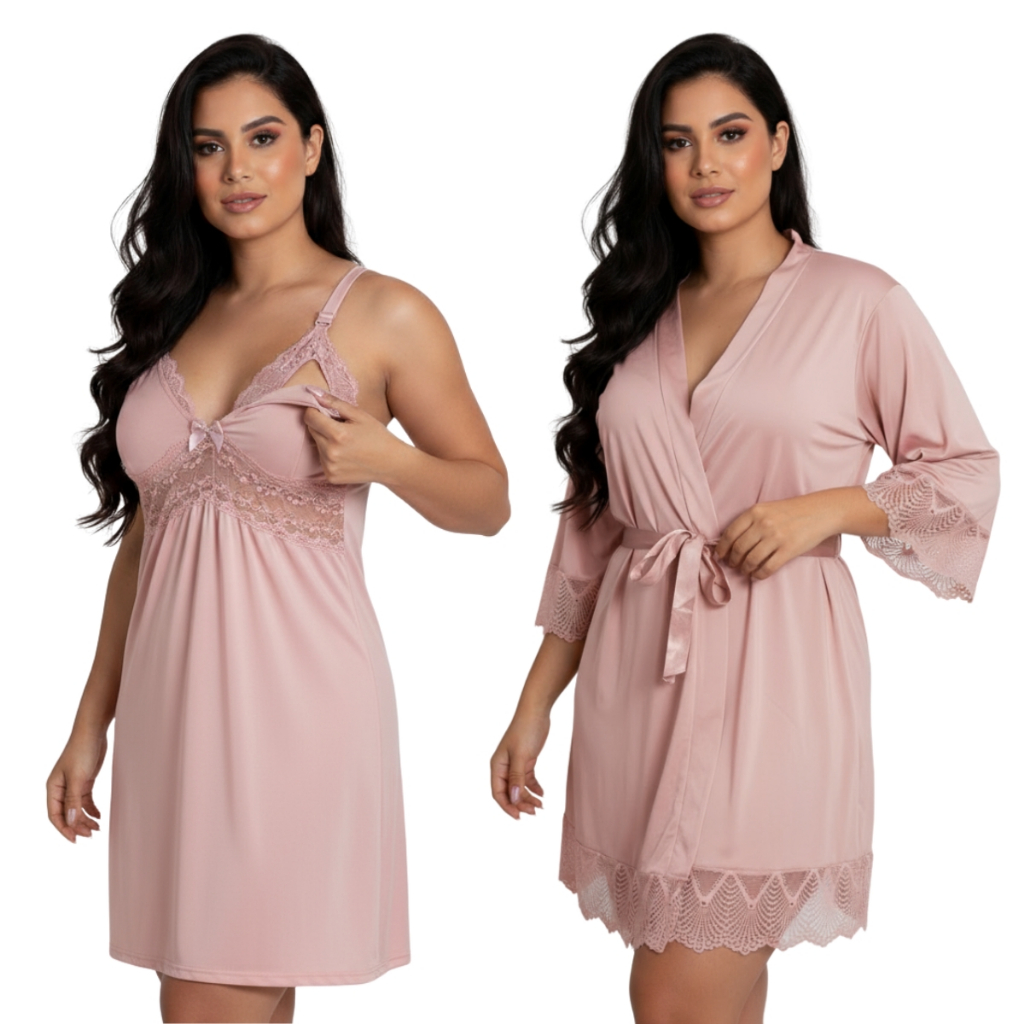 Kit Camisola Amamentação Pós Parto Com Robe de 