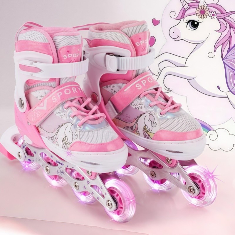 Patins Infantil Roller Inline Rosa Unicornio Ajust