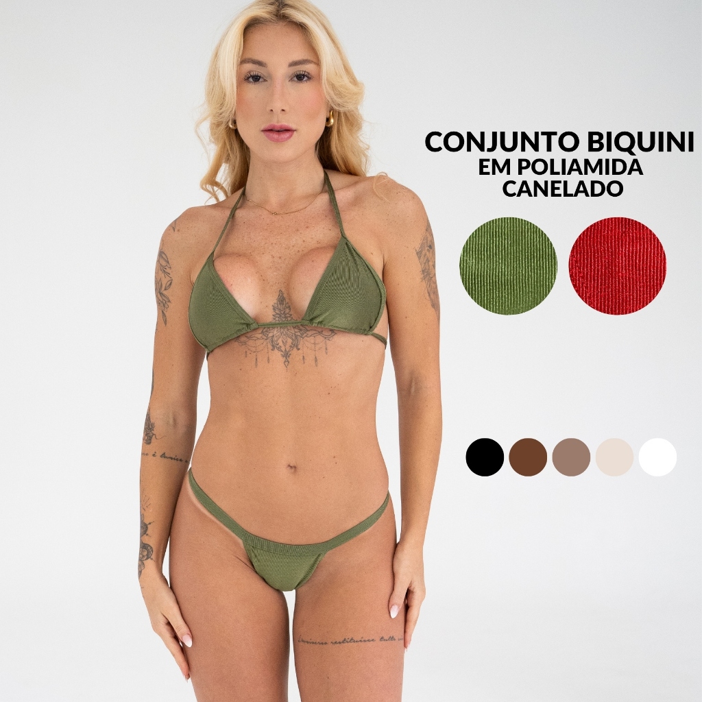 Biquíni Top Cortininha Canelado Calcinha Fio Dent