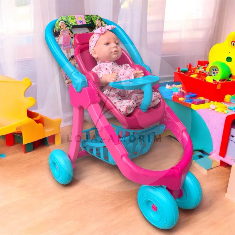 Kit Carrinho De Boneca 3 em 1 Com Boneca Fala Sons