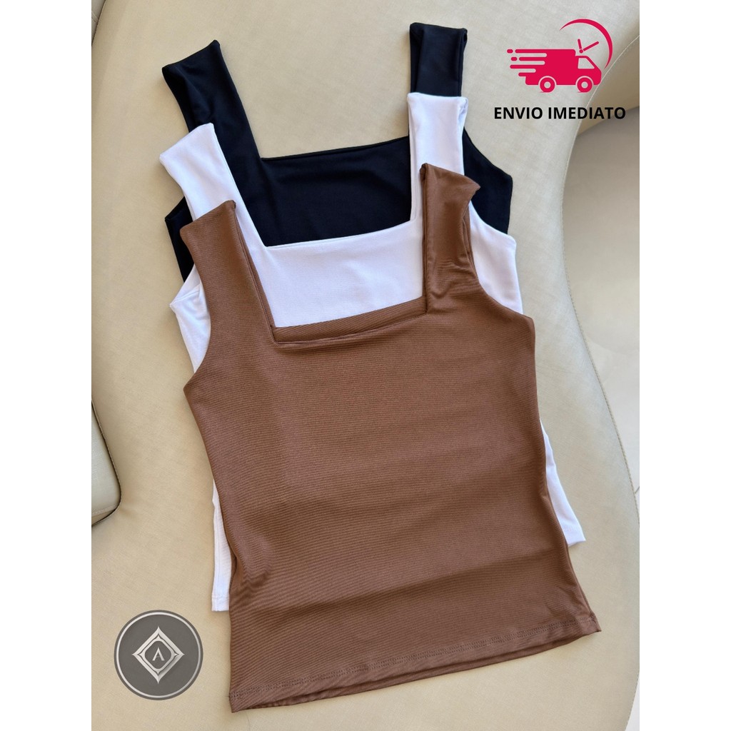 KIT 3 Blusa Regata Feminina Decote Quadrado Reto E
