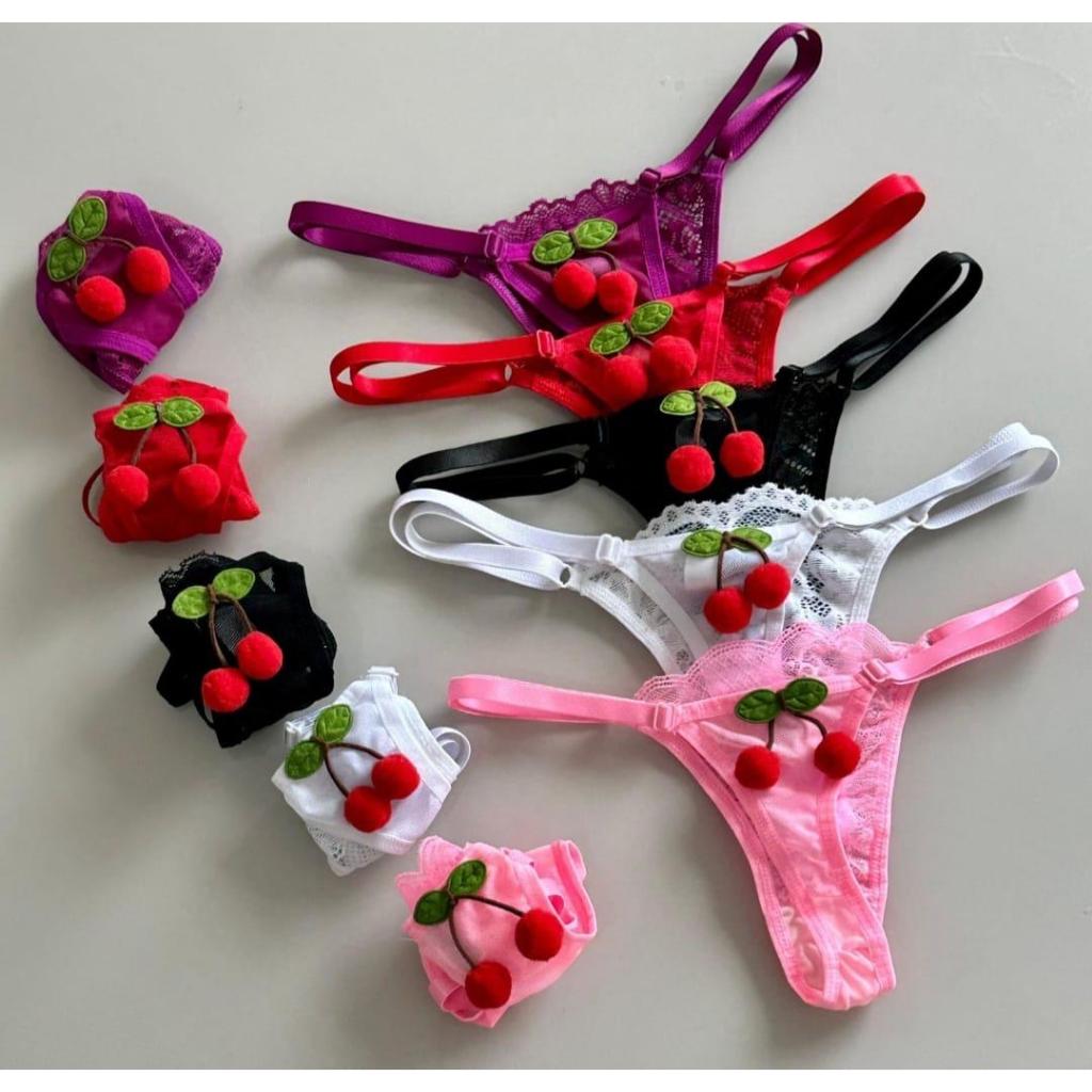 Kit 3 Calcinha Cerejinha Lingerie Renda com Tule  