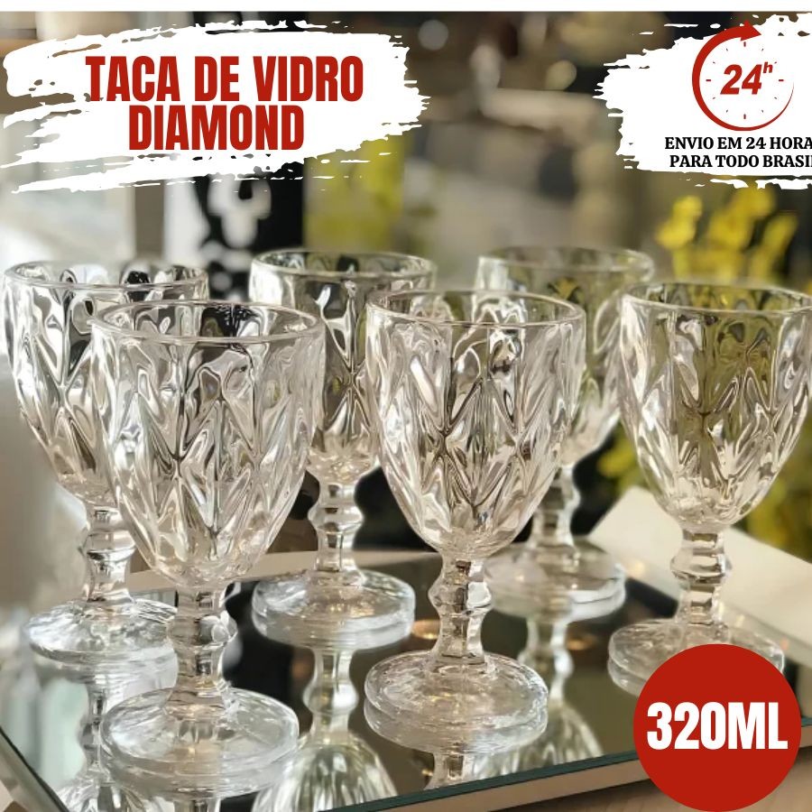 Jogo 6 Taça Diamante Copo Vidro Transparente Taç