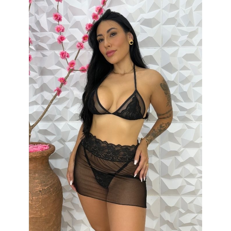 Conjunto Lingerie Feminina Renda Sexy Sem Bojo Cal
