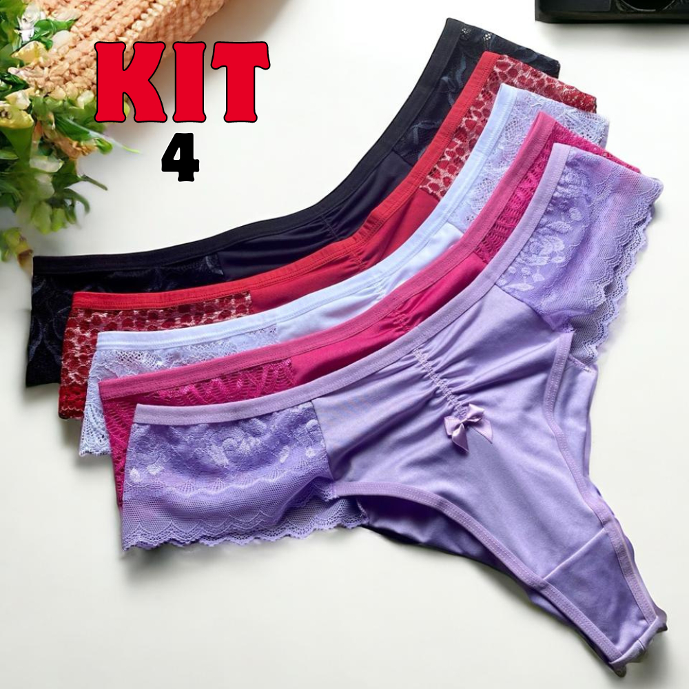 Kit 4 Calcinha Plus Size Fio Duplo Detalhe de Rend