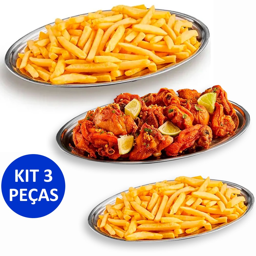 Kit 3 Travessa Oval Bandeja Rasa Inox 21 à 30 Cm 