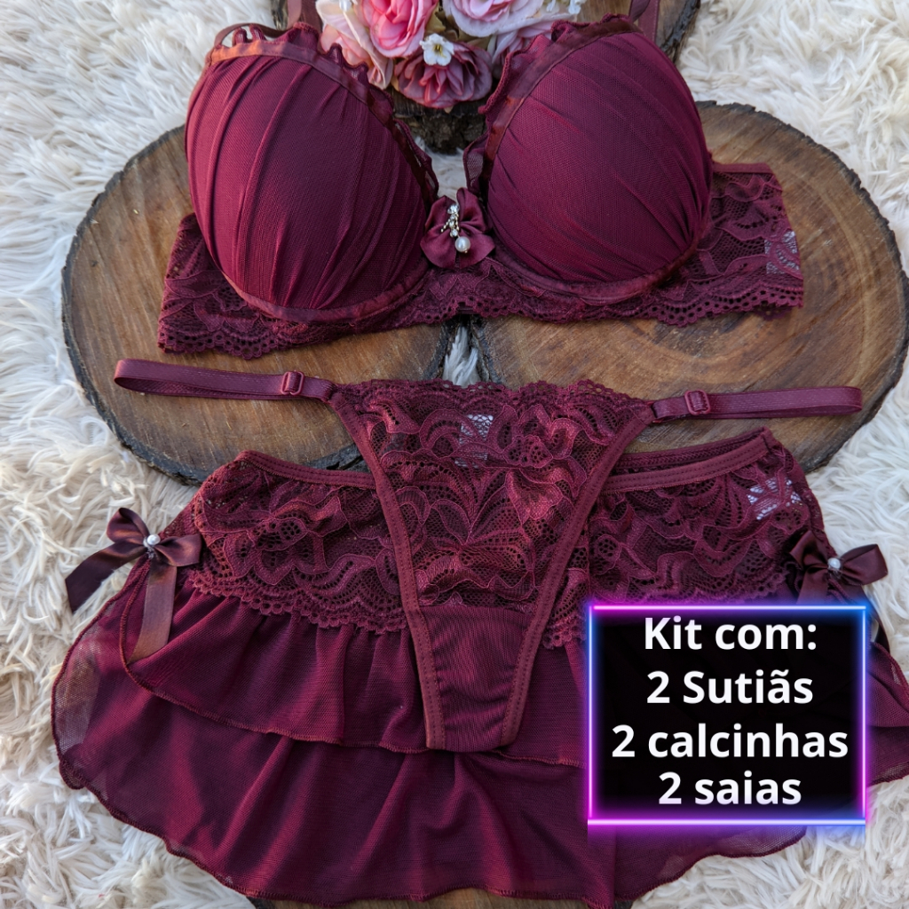 KIT 2 Trios Lingeries com Calcinha Sutiã e Saia L