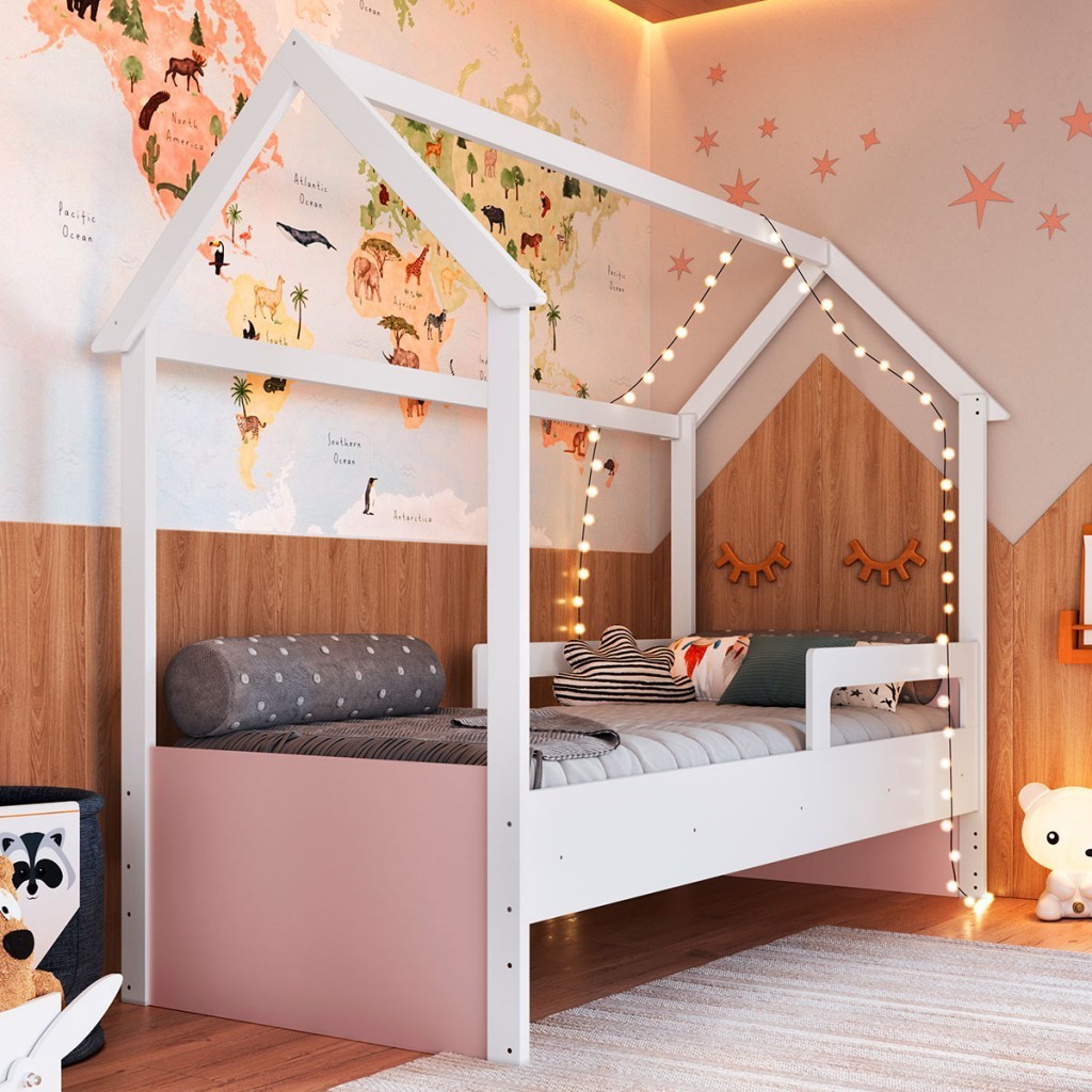 Cama Infantil Montessoriana Soninho Branco/Rosa &#