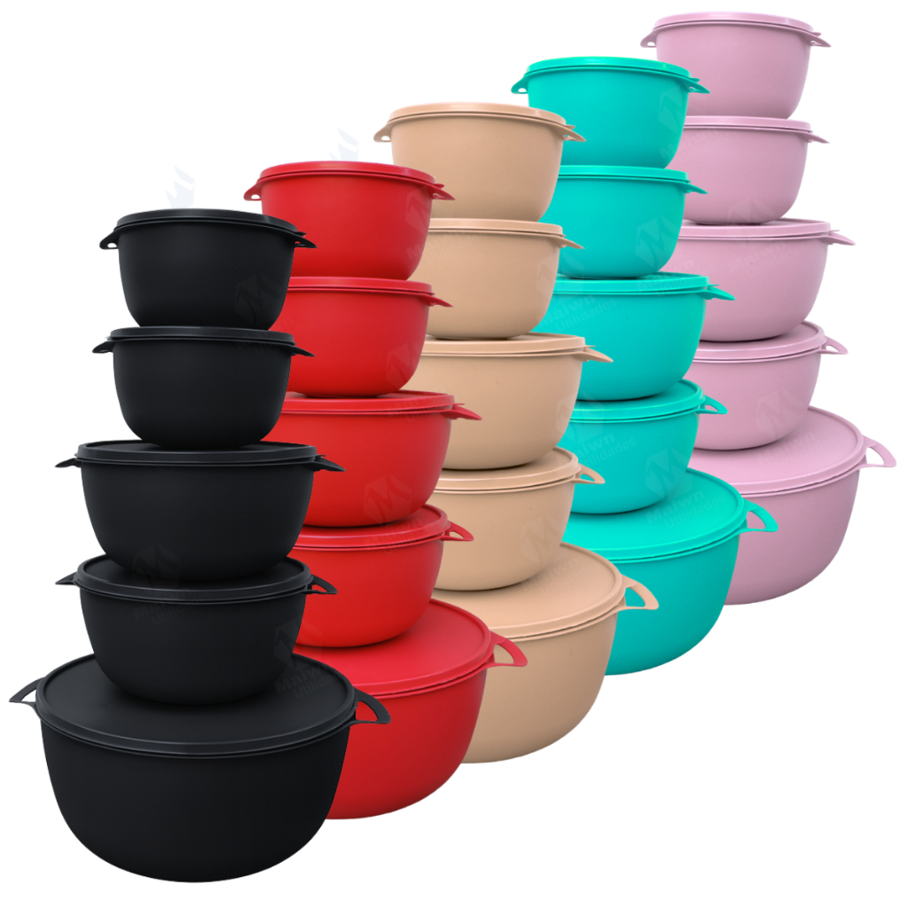 Kit 5 Potes Plásticos Redondos Bowl com Tampa BPA