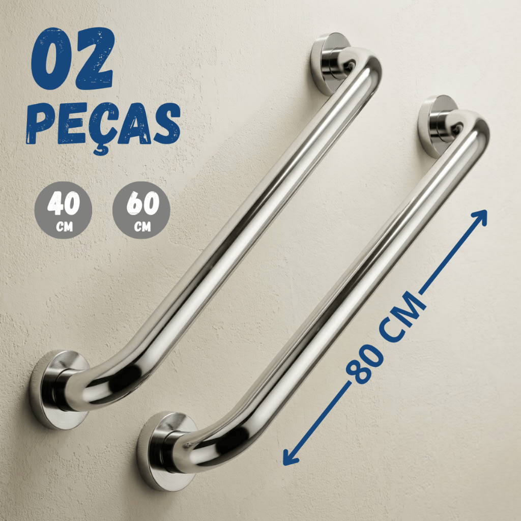 Kit 2 Barra Apoio 60cm 40cm 80cm Antiqueda Inox Ba