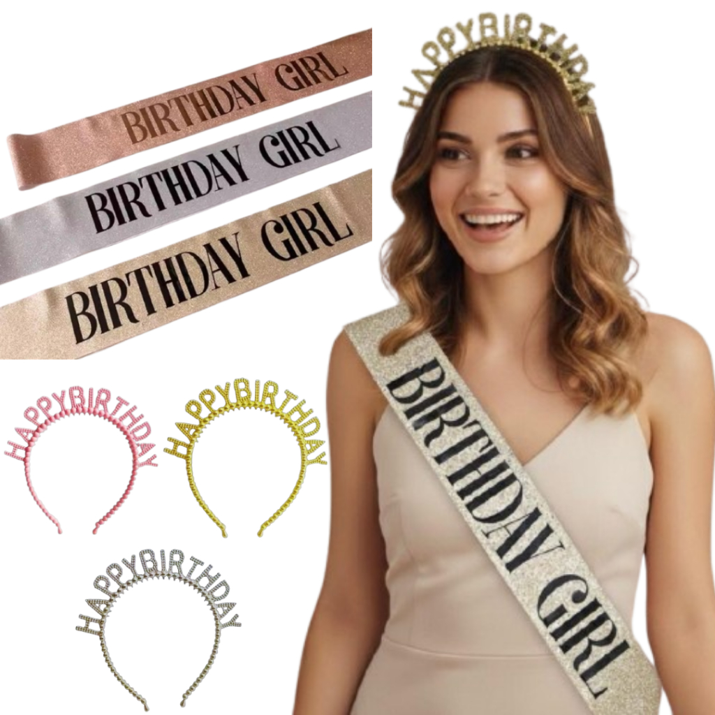 Kit Faixa Aniversário Birthday Girl com Glitter +